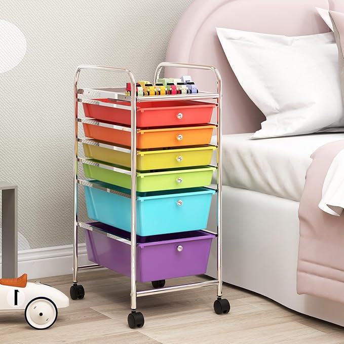 GOFLAME 6-Drawer Rolling Storage Cart, Multifunctional Art Craft Organizer Cart, Mobile Utility Storage Cart with Removable Drawers & Lockable Wheels, Craft Cart for Home Office, School, Multicolored