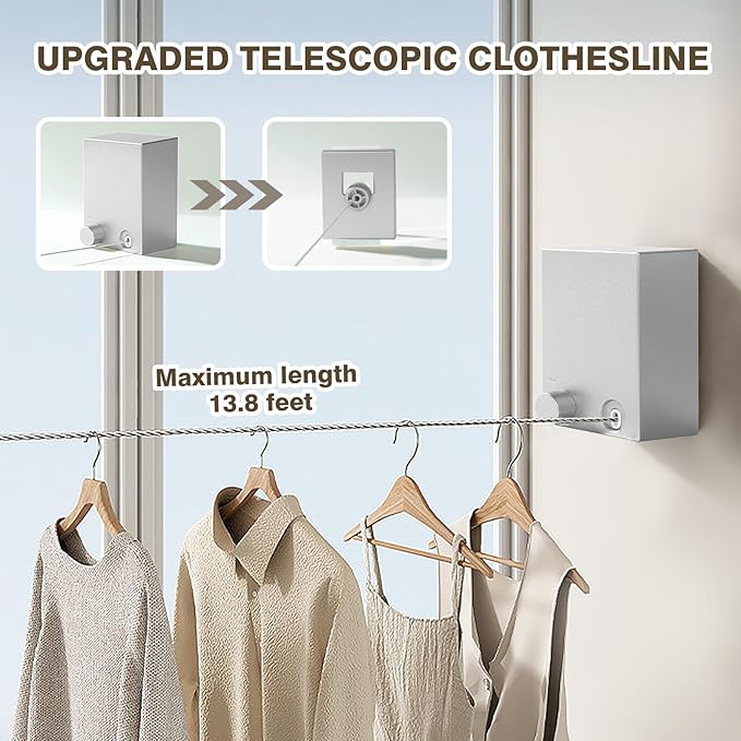 Retractable Clothesline, Retractable Clothesline Indoor, Laundry Line Retractable, Not Sagging, Suitable for Balconies, Courtyards, Laundry Rooms, RVs, Yachts, etc