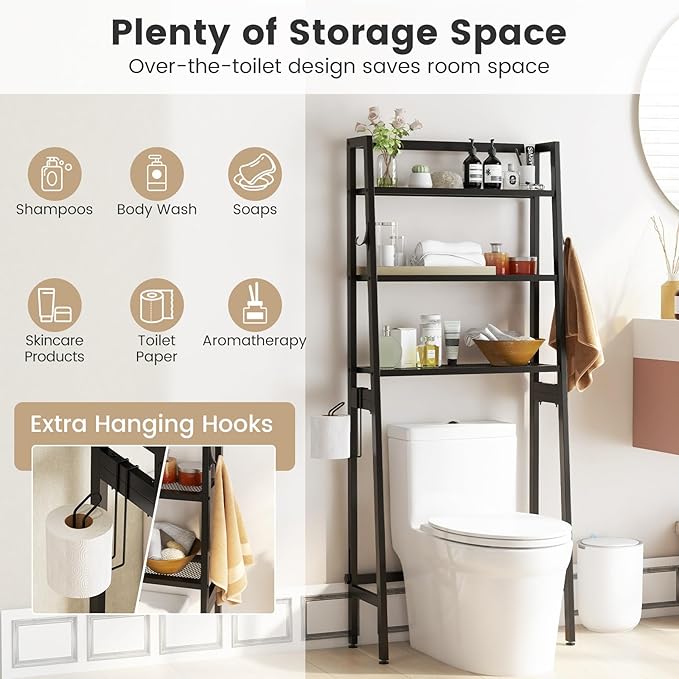 Tangkula Over-The-Toilet Storage Rack, 3-Tier Freestanding Bathroom Space Saver Shelf w/ 2 Hanging Hooks & Toilet Paper Holder, Metal Above Toilet Storage Rack for Bathroom Laundry (Black, 62.5”H)