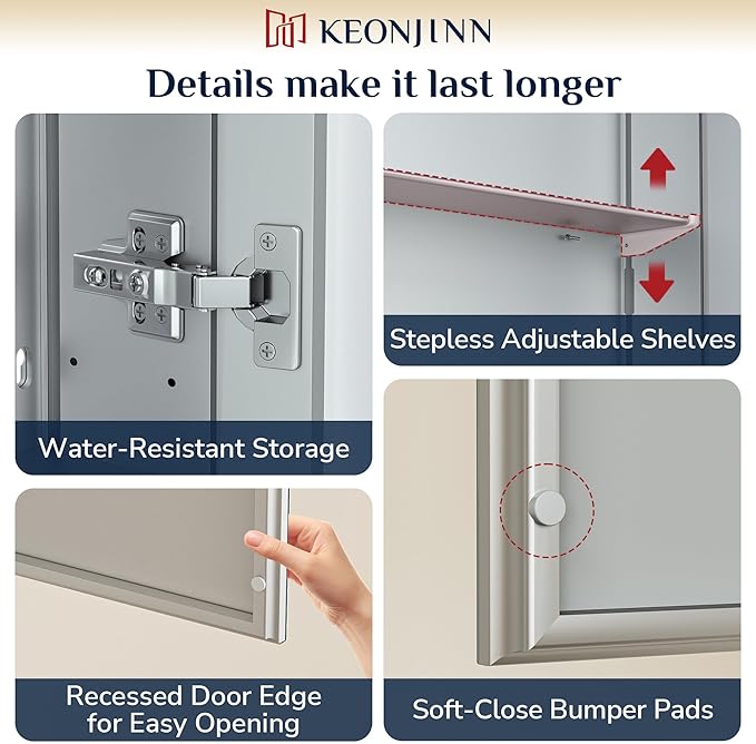 Keonjinn 60 x 32 Inch Medicine Cabinet, Assembly Required, Silver Bathroom Medicine Cabinets Mirror, Lightweight, Adjustable Shelves, Surface Mount or Recessed, Tempered Glass
