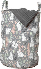 Ambesonne Bunny Laundry Bag Pack of 2, Nature Inspired Pattern Drawn by Hand with White Hares Hearts and Floral Elements, Hamper Basket with Handles Drawstring Closure, 13" x 19", Multicolor