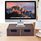 Linen Leather Desk Organizer and monitor stand with Drawers－Mini Desktop Drawer Organizer Stackable－Tabletop Organization Storage Box for Office Supplies Home Vanity Toiletries (Brown, 2-drawers)