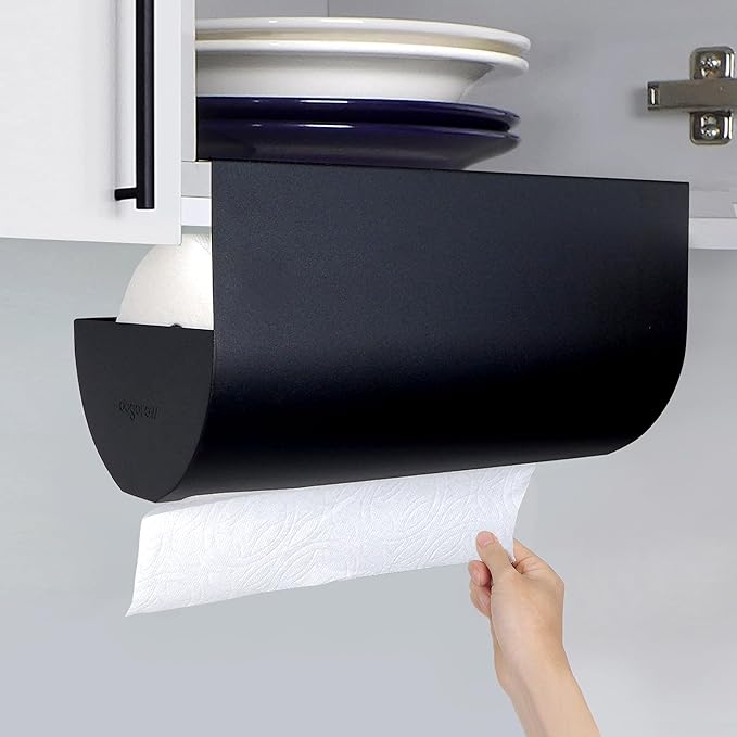 Paper Towel Holder - Under Cabinet, No-Drill Self-Adhesive Hanging Rack, Easy Tear, Space-Saving Sleek Metal Kitchen Roll Dispenser, Wall-Mount Look, Kitchen Storage & Organization - Black