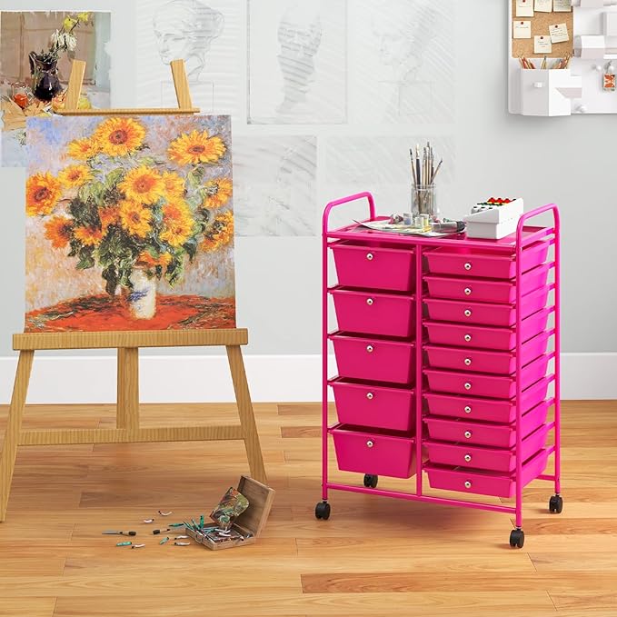 LUARANE Rolling Cart with 15 Drawers, Craft Storage Cart with Portable Handles & Lockable Wheels, Mobile Toys Organizer, Large Capacity Utility Drawer Cart Home Office School Teacher (Hot Pink)