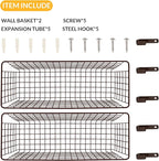 2 Sets Extra Large Hanging Wall Basket, Brown Metal Wire Baskets with Steel Hooks for Organizing, WallmountedFruit Vegetable Toy Snack Storage, Home Kitchen Bathroom Laundry Pantry Organizer