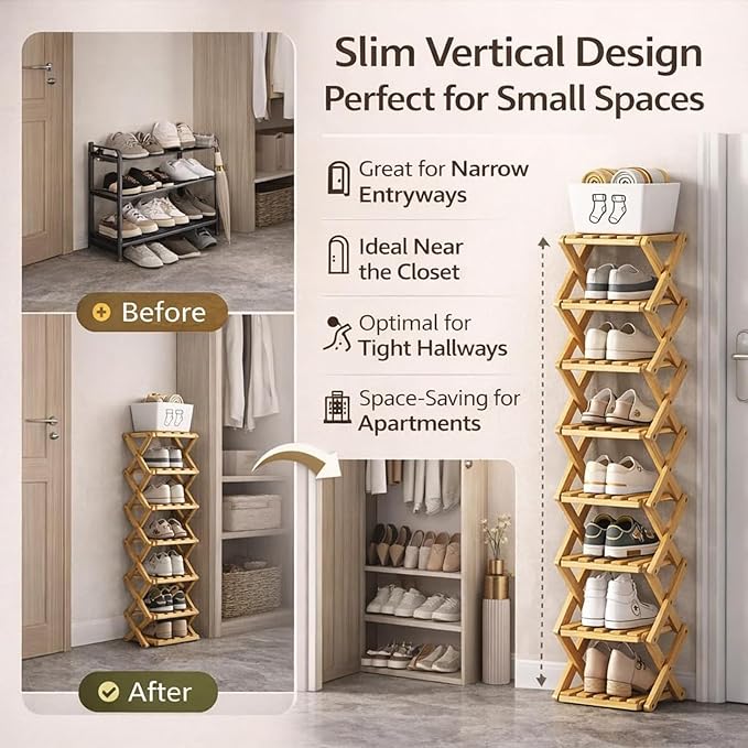 The 9-Tier No-Assembly Bamboo Rack, Folding Bamboo Shoe Rack Organizer with Collapsible Vertical Design, Space-Saving & No-Tool Assembly, for Entryways,Corners,Bedrooms,Balconies (Brown,2)