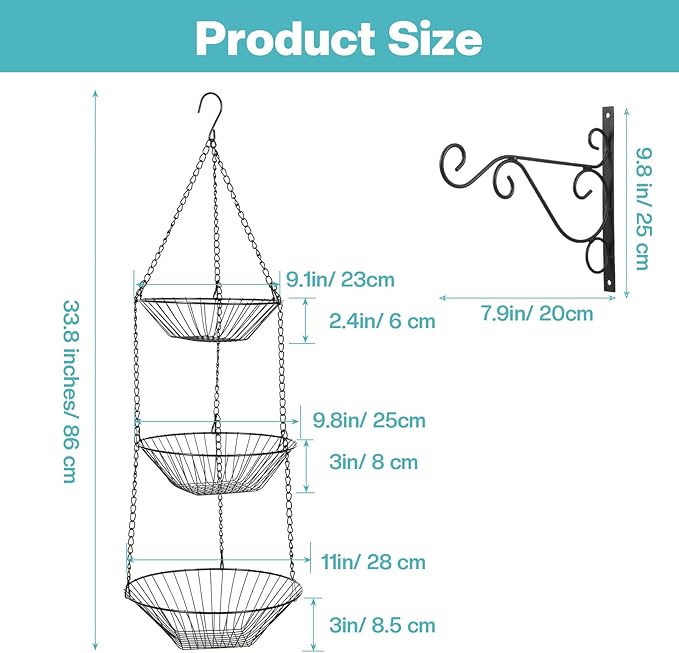 3 Tier Hanging Fruit Basket with Banana Hook, 34-Inch Heavy-Duty Wire Hanging Basket, Wire Vegetable Produce Organizer with Installation Bracket for Kitchen Storage Potato Vegetable