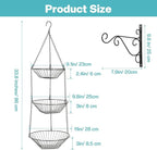 3 Tier Hanging Fruit Basket with Banana Hook, 34-Inch Heavy-Duty Wire Hanging Basket, Wire Vegetable Produce Organizer with Installation Bracket for Kitchen Storage Potato Vegetable