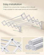 SONGMICS Clothes Drying Rack, Wall-Mounted Drying Rack Clothing, Accordion Laundry Rack, 9 Staggered Hanging Rods, Expandable and Retractable, Steel, Cloud White ULLR806W01