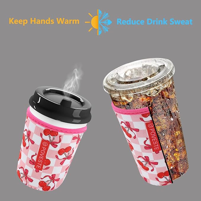 Reusable Neoprene Insulator Sleeve for Iced Coffee & Cold Soda, Coffee Sleeves for Iced & Hot Drinks, Cold Beverage Cooler Compatible with Starbucks, Dunkin (Bow&Cherry, Small: 16-18oz)