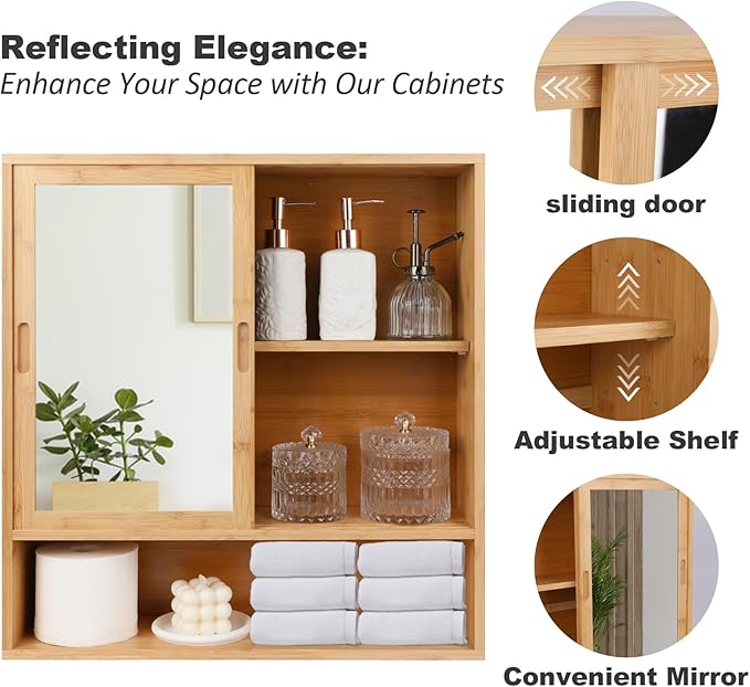 ZYBT Bamboo Bathroom Cabinet,Mirrored Medicine Cabinets,Bathroom Cabinet Wall Mounted with Storage,Medicine Cabinets with Mirror,Over The Toilet Storage with 2 Sliding Doors