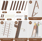 Farmhouse Wooden Blanket Ladder with Removable Hooks, 6-Tier Rustic Blanket Rack Decorative Stand, Leaning Towel Quilt Rack Holder for Bathroom Living Room Decor Brown