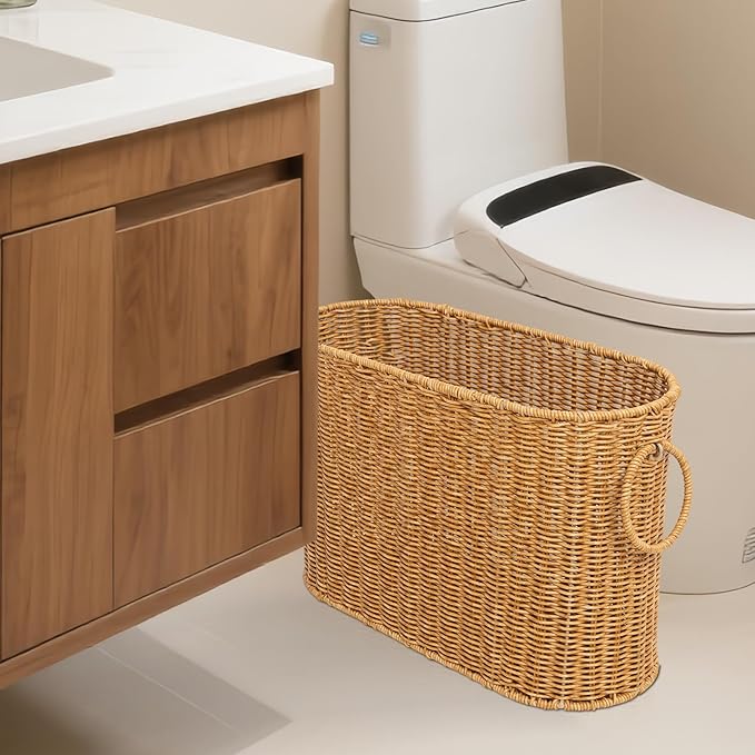 JJSQ Toilet Rattan Basket Water Hyacinth Toilet Paper Basket with Handles Large Toilet Papers Storage Container for up to 9 Rolls Bathroom Accessories Organizer (Rattan)