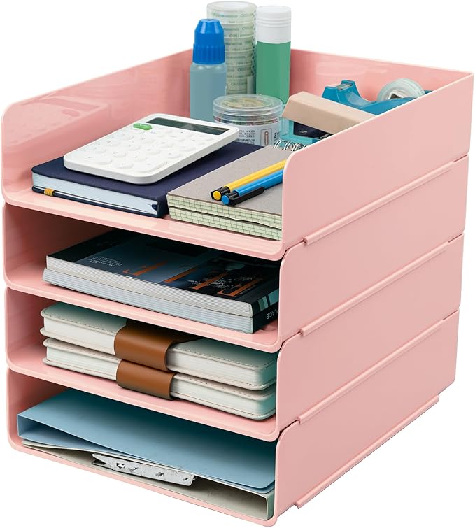 Tiawudi Desk Organizer, Office Organization and Storage, Plastic Letter Tray, Stackable File Organizer for Classroom, Home, Documents, Notes, Folders, Books and Pens, 4 Tier