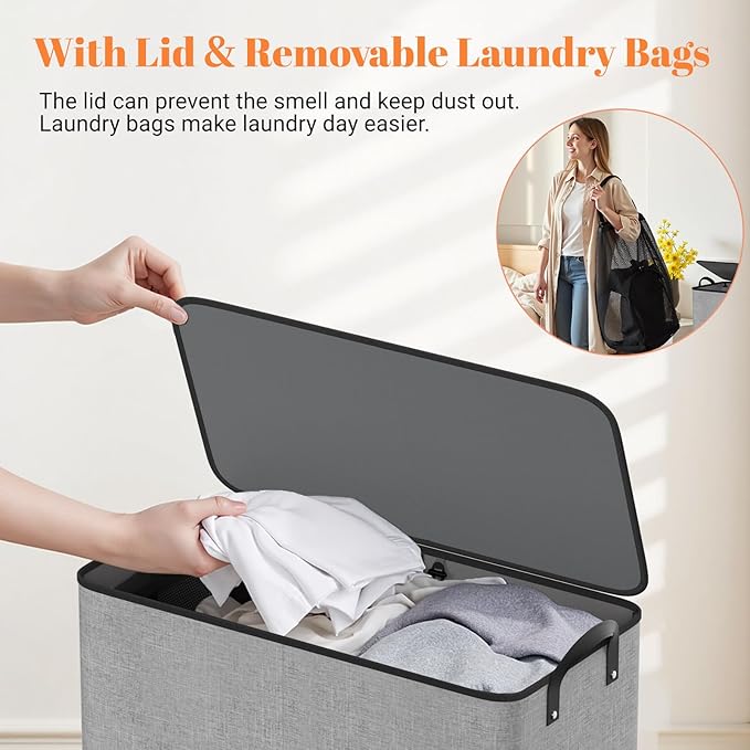 Large Double Laundry Hamper with Lid, Removable Bags & Reinforced Handles, 2 Section Tall Laundry Basket, Dirty Clothes Hampers for Laundry Room, Bedroom, Bathroom, Dorm, 136L, Gray