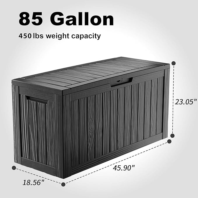 85 Gallon Outdoor Waterproof Resin Storage Deck Box Lockable Outside Bench UV Resistant Bin Patio Porch Furniture Pool Float Garden Tool Cushion Black