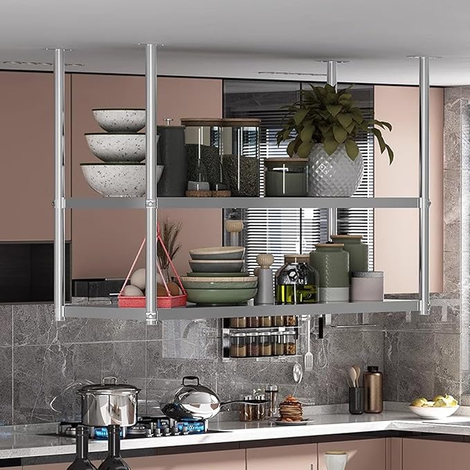 XPLKQXE Stainless Steel Ceiling Shelf, Hanging Industrial Ceiling Mount Storage Rack, Kitchen Wall Mounted Plant Stand/Wall Decor for Bar Cafe Kitchen(Silver-2lay,150x35x120cm)