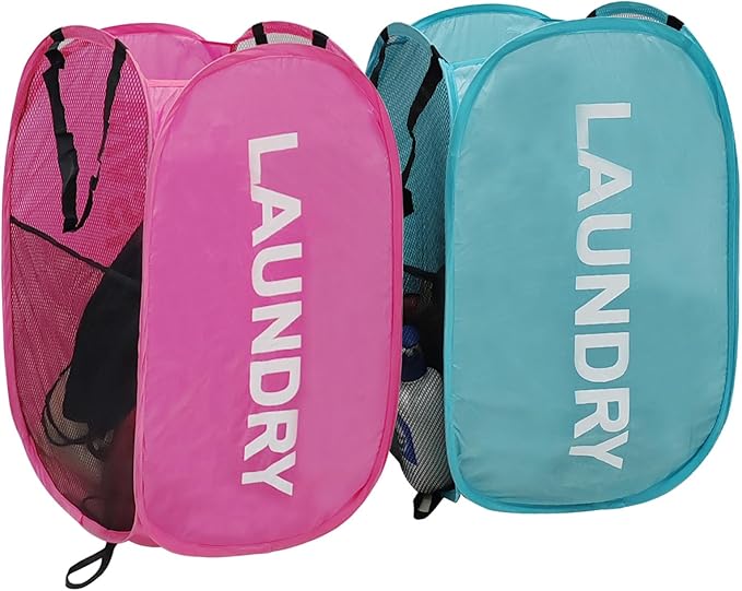 Larpur Pop Up Laundry Baskets, 2 Pack Mesh Laundry Hampers Collapsible Clothes Hampers for Home, Dorm, Travel (Pink + Blue)