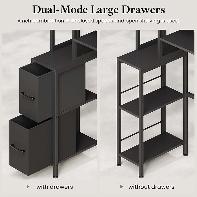 7-Tier Over the Toilet Storage Cabinet with 2 Large Drawers & 6 Hooks, Over the Toilet Storage with Toilet Paper Holder, Bathroom Over Toilet Storage for Bathroom, Laundry Room, Black
