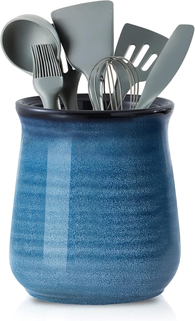 HASENSE Extra Large Utensil Holder Crock for Kitchen Counter - 7.1” x 5.9” Vintage Farmhouse Blue Ceramic Caddy Utensil Organizer and Rustic Table Decor for Spatulas, Spoons, and Other Cooking Tools