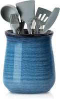 HASENSE Extra Large Utensil Holder Crock for Kitchen Counter - 7.1” x 5.9” Vintage Farmhouse Blue Ceramic Caddy Utensil Organizer and Rustic Table Decor for Spatulas, Spoons, and Other Cooking Tools