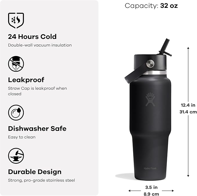 Hydro Flask Travel Water Bottle - Insulated Stainless Steel - Wide Straw Lid, Non Spill, Leakproof in 32 Oz Capri Blue