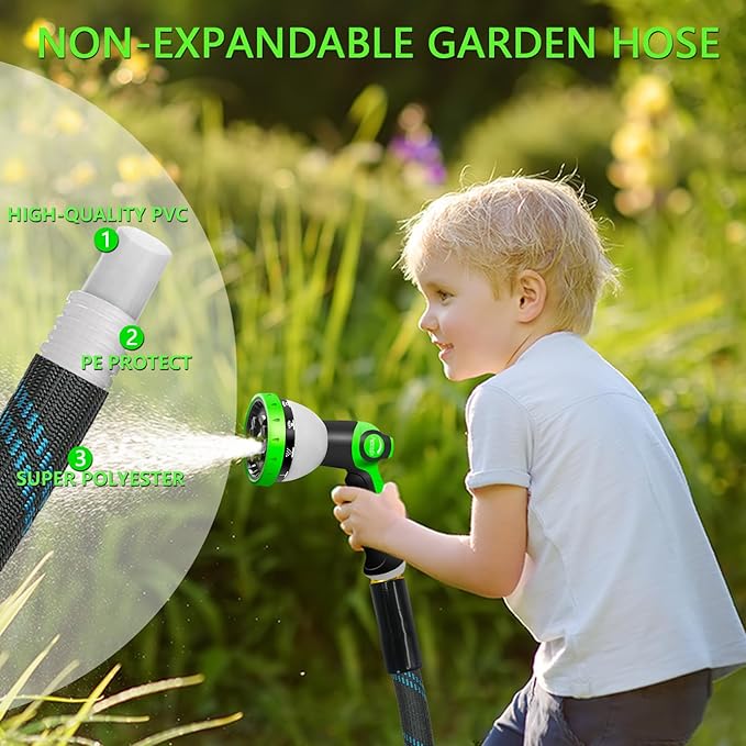 Garden Hose 50 FT, NON-EXPANDABLE Heavy-Duty Flexible & Lightweight Water Hose with 10-Function Nozzle, No-Kink, Leak-Proof Super Fabric, Solid Fittings for Lawn, Car, Outdoor (Black Blue)