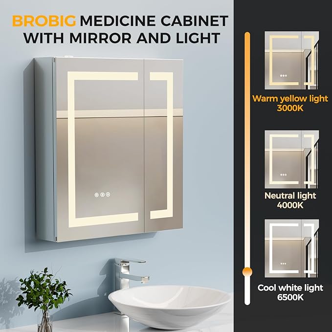 24 * 26 Bathroom Lighted Medicine Cabinet, Professional Makeup Medicine Cabinet Mirror, Large Storage LED Mirror with USBs, Stepless Dimming & Anti-Fog, 3-Color Light