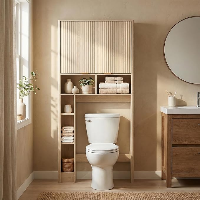 31''W Over The Toilet Storage Cabinet with Fluted Door, Oak Bathroom Organizer with Adjustable Shelf, 67''H Tall Natural Toilet Paper Holder Stand Wave Door for Restroom, Laundry Room