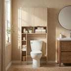 31''W Over The Toilet Storage Cabinet with Fluted Door, Oak Bathroom Organizer with Adjustable Shelf, 67''H Tall Natural Toilet Paper Holder Stand Wave Door for Restroom, Laundry Room