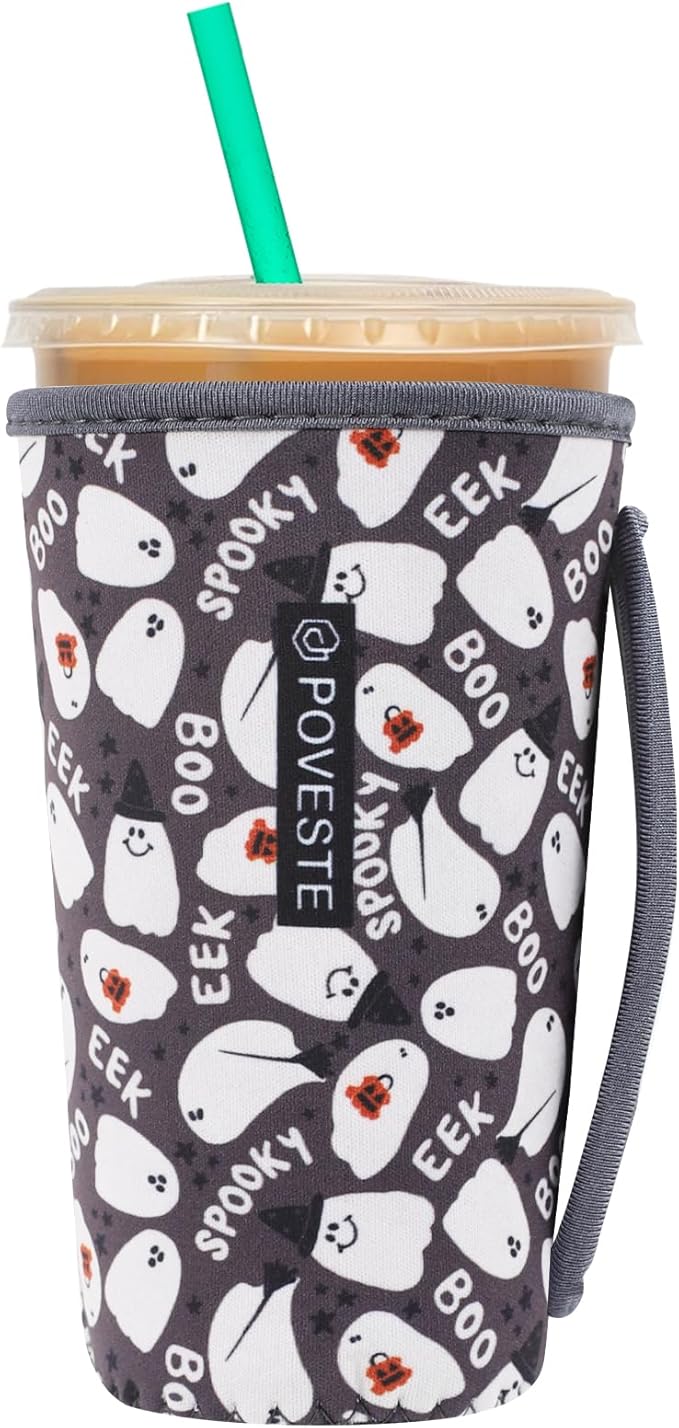 Reusable Neoprene Insulator Sleeve for Iced Coffee & Cold Soda, Coffee Sleeves for Iced & Hot Drinks, Cold Beverage Cooler Compatible with Starbucks, Dunkin (Halloween Boo, Large: 32oz)