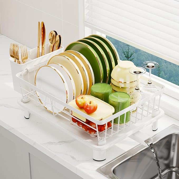Dish Drainer Rack with Drip Tray, Sink Dish Drainer with Drainage Spout, Stainless Steel Dish Drying Rack with Cups, Utensil & Cutting Board Holders for Kitchen Counter Space-Saving, White
