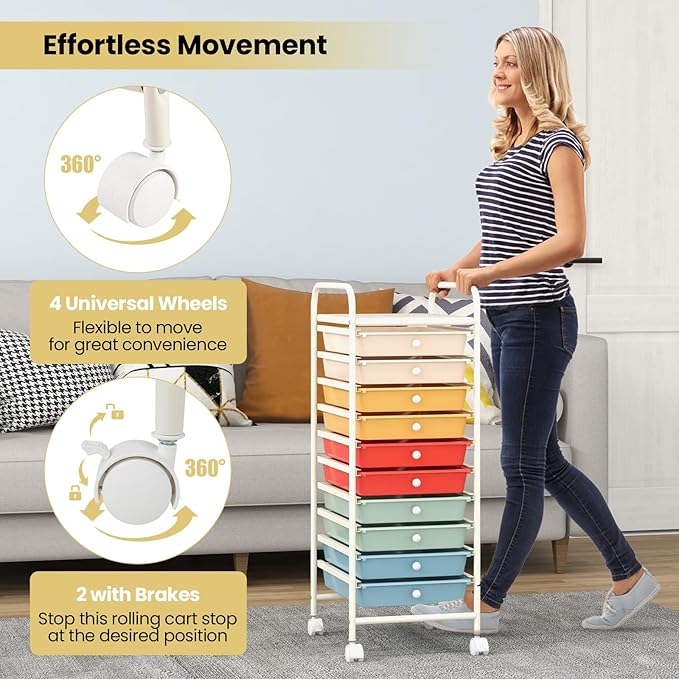 COSTWAY 10-Drawer Rolling Storage Cart, Utility Mobile Trolley with Removable Drawers & Universal Casters & 2 Brakes, Versatile Flexible Drawer Organizer Cart for Home, Office, Macaron