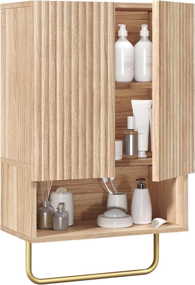 Bathroom Wall Cabinet, Wall Mounted Medicine Cabinets with Towel Bar & Adjustable Shelf, Over The Toilet Space Saver Storage Cabinet with 2 Doors, for Bathroom Laundry Room Kitchen, Natural