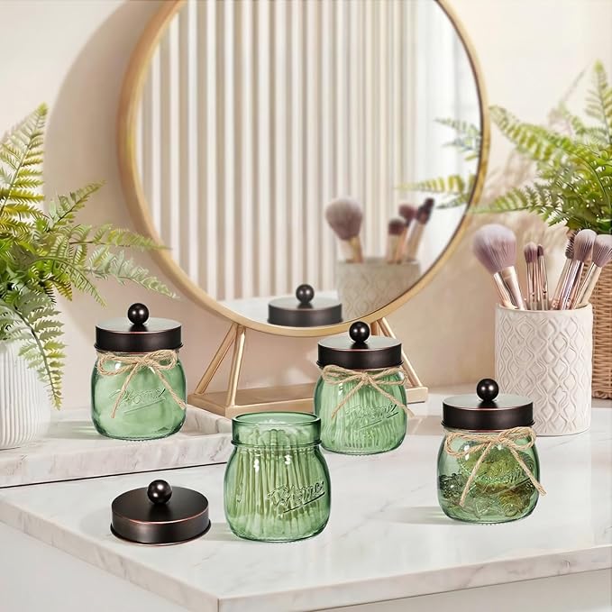 SheeChung Green Glass Qtip Holder Dispenser, Mason Jar Apothecary Jars with Lids, Bathroom Organizers and Storage, Vanity Countertop Canisters Set for Cotton Swab, Ball, Pad, Floss Pick-ORB, 2 Pack