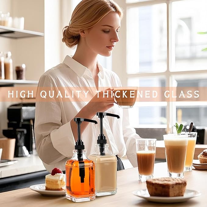 BIGIVACA 4 Pack Coffee Syrup Dispenser 16 oz,Clear Glass Syrup Bottle with 1/4oz Capacity Pump,Syrup Dispenser for Coffee Bar with Plastic Pump