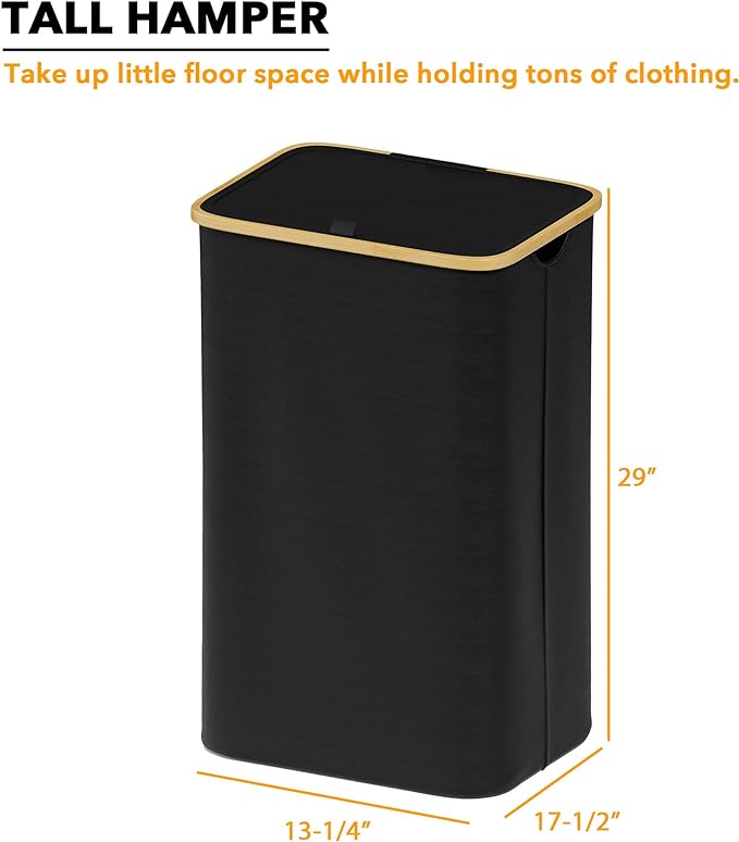 SpaceAid Laundry Hamper with Lid, 110L Large Tall Clothes Basket Bin with Bamboo Handles, Collapsible Laundry Hamper for Bedroom, Bathroom, Dorm, Laundry Room - Black