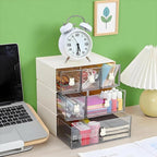 Desktop Storage Drawers, Plastic Desk Organizer with 2 Drawers, Modular Stackable Toolbox Units for Office Stationary, Makeup Container, Bathroom Countertop (1 Tall Layer, Cream & Clear)