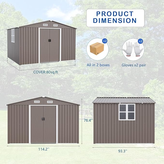 ALAULM 10'x8' Outdoor Storage Shed Outdoor Galvanized Metal Tool Shed with Vents & Sliding Door, Waterproof Garden Shed for Patio,Lawn,Backyard to Store Bikes,Tools-Brown
