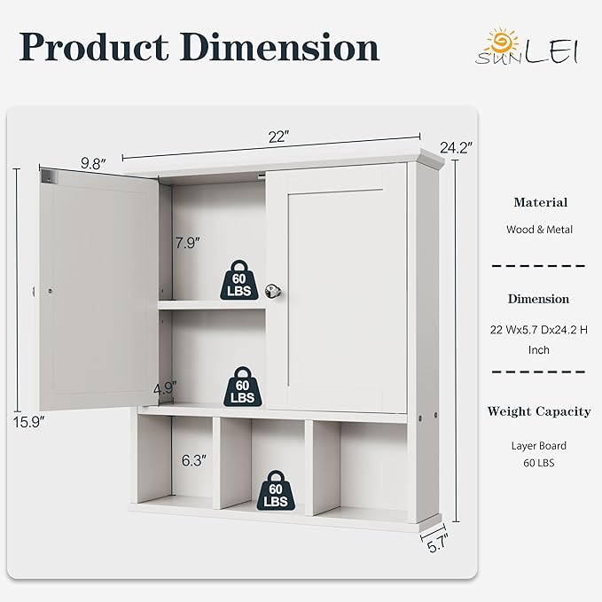 Bathroom Wall Cabinet, Cabinet Wall Mount Organizer Shelf for Toiletries, Towels & Essentials – Waterproof MDF, Space-Saving Bathroom Storage, White