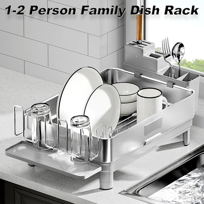 Ewaiira Dish Drying Rack, 304 Stainless Steel Dish Racks for Kitchen Counter, Dish Drainers with Automatic Drainage, Utensil Holder & Cups Holder, Space Saving Kitchen Organizer, Gray