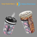 Reusable Neoprene Insulator Sleeve for Iced Coffee & Cold Soda, Coffee Sleeves for Iced & Hot Drinks, Cold Beverage Cooler Compatible with Starbucks, Dunkin (Checkerboard&Daisy, Medium: 22-24oz)