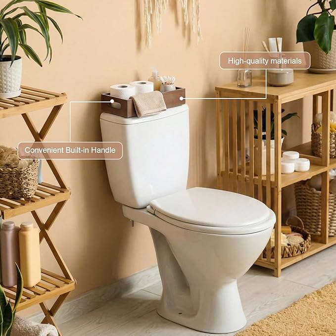 2 Pcs Bathroom Basket Wooden Toilet Tank Paper Basket with Handle Wood Color Bathroom Decor Box Back of Toilet Storage Organizer for Bedroom Vanity Kitchen Countertop Dresser Shelf Decor