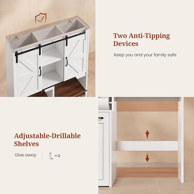 Farmhouse Over The Toilet Storage Cabinet with Pulley, Slide Barn Doors Bathroom Storage Cabinet, Space Saver W/Adjustable Shelf & Open Shelf for Bathroom, Restroom, Laundry (White Brown-Type A)