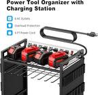 JUNNUJ Large Power Tool Organizer Cart with Charging Station, Garage Floor Standing Rolling Drill and Tools Battery Storage Cart on Wheels, Heavy Duty Rack Shelf with 8 Outlet Power Strip, Black