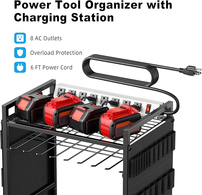 JUNNUJ Large Power Tool Organizer Cart with Charging Station, Garage Floor Standing Rolling Drill and Tools Battery Storage Cart on Wheels, Heavy Duty Rack Shelf with 8 Outlet Power Strip, Black