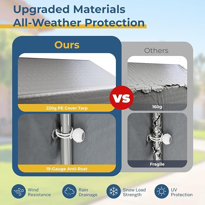 10 x 15 FT Carport, Portable Shed w/220G Heavy Duty Waterproof PE Tarp, Roll-up Zipper Door & Vent, Weather-Resistant Storage Shed for Motorcycle, Bike, ATV and Tools, Gray