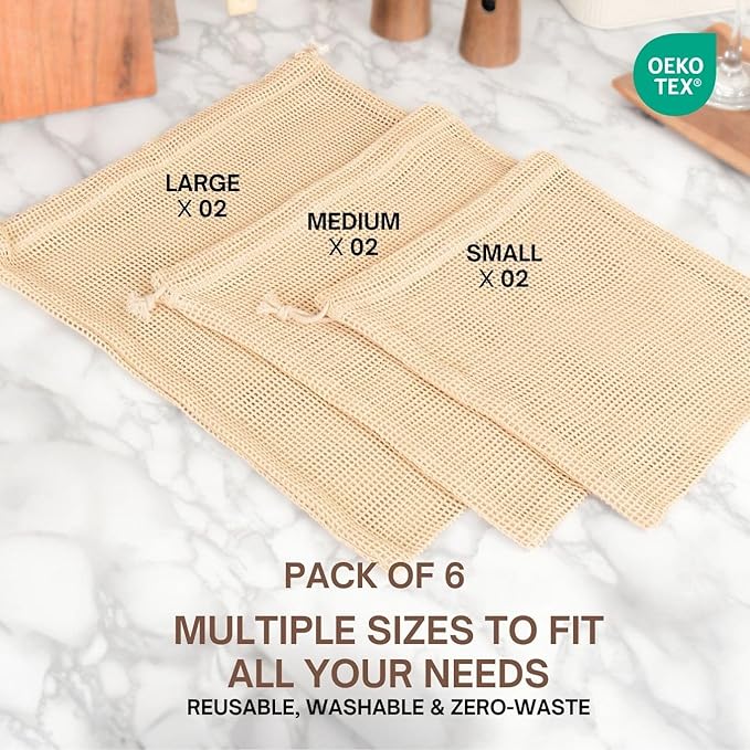 Premium Organic Reusable Mesh Produce Bags, Pack of 6(2L+2M+2S) Washable, Durable, Double Stitched Produce Bags for Vegetables storage, Machine Washable - Beige