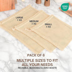 Premium Organic Reusable Mesh Produce Bags, Pack of 6(2L+2M+2S) Washable, Durable, Double Stitched Produce Bags for Vegetables storage, Machine Washable - Beige