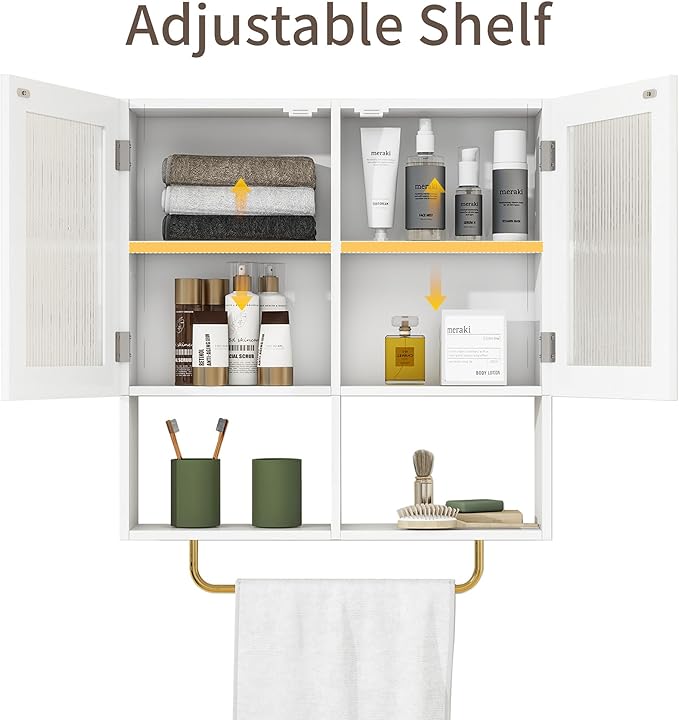 Wall Mounted Bathroom Storage Cabinet Medicine Cabinet with Acrylic Doors & Towel Bar Adjustable Shelves for Bathroom, Laundry Room, Bedroom, Enterway